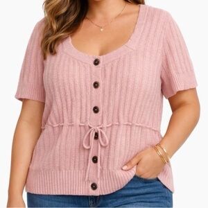 Torrid Pink Sweater 2X Short Sleeve Tie Waist Plus Size Soft Knit Top